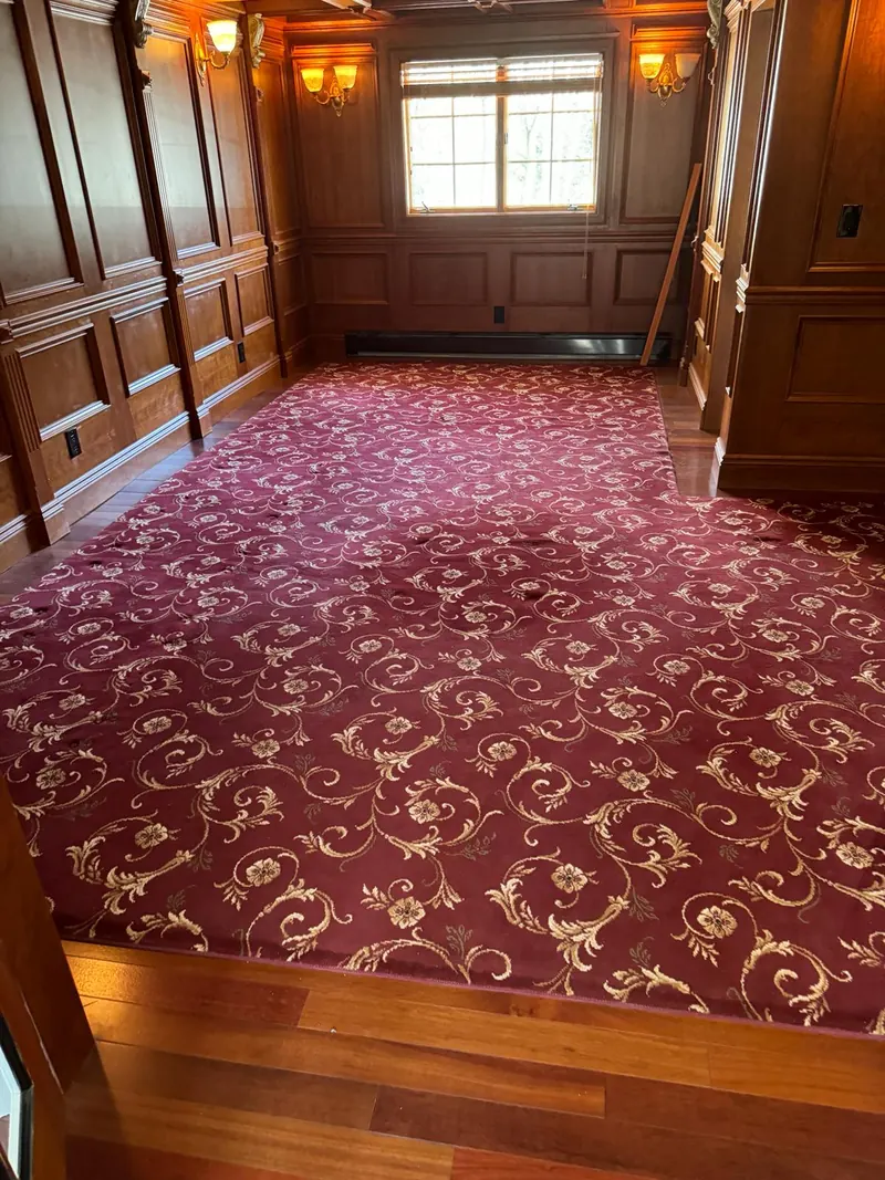 Red patterned wall to wall carpet in a wood paneled room