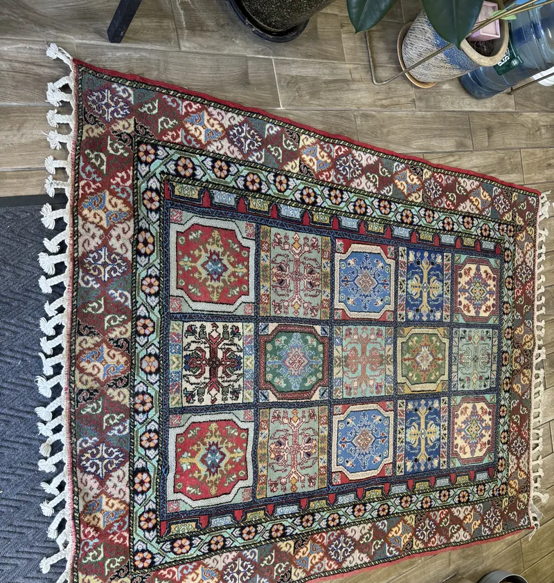 A multicolor panel design rug with knotted fringe